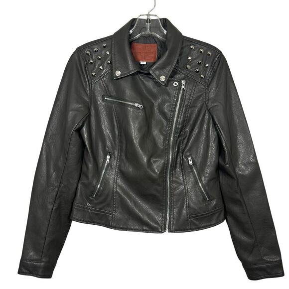 Womens Miss London Dk Gray Faux Leather Studded Motorcycle Jacket Size M, NWOT - Picture 1 of 4